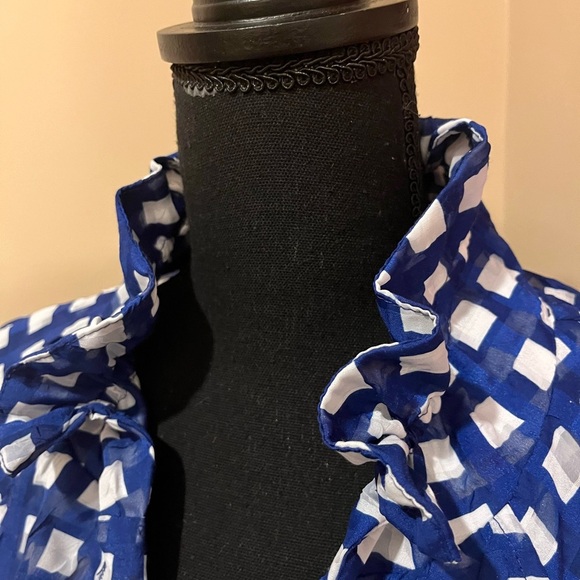 IC BY CONNIE K Sheer Subtle Navy, White Checkered Ruffle Collar Jacket Top - Picture 4 of 9